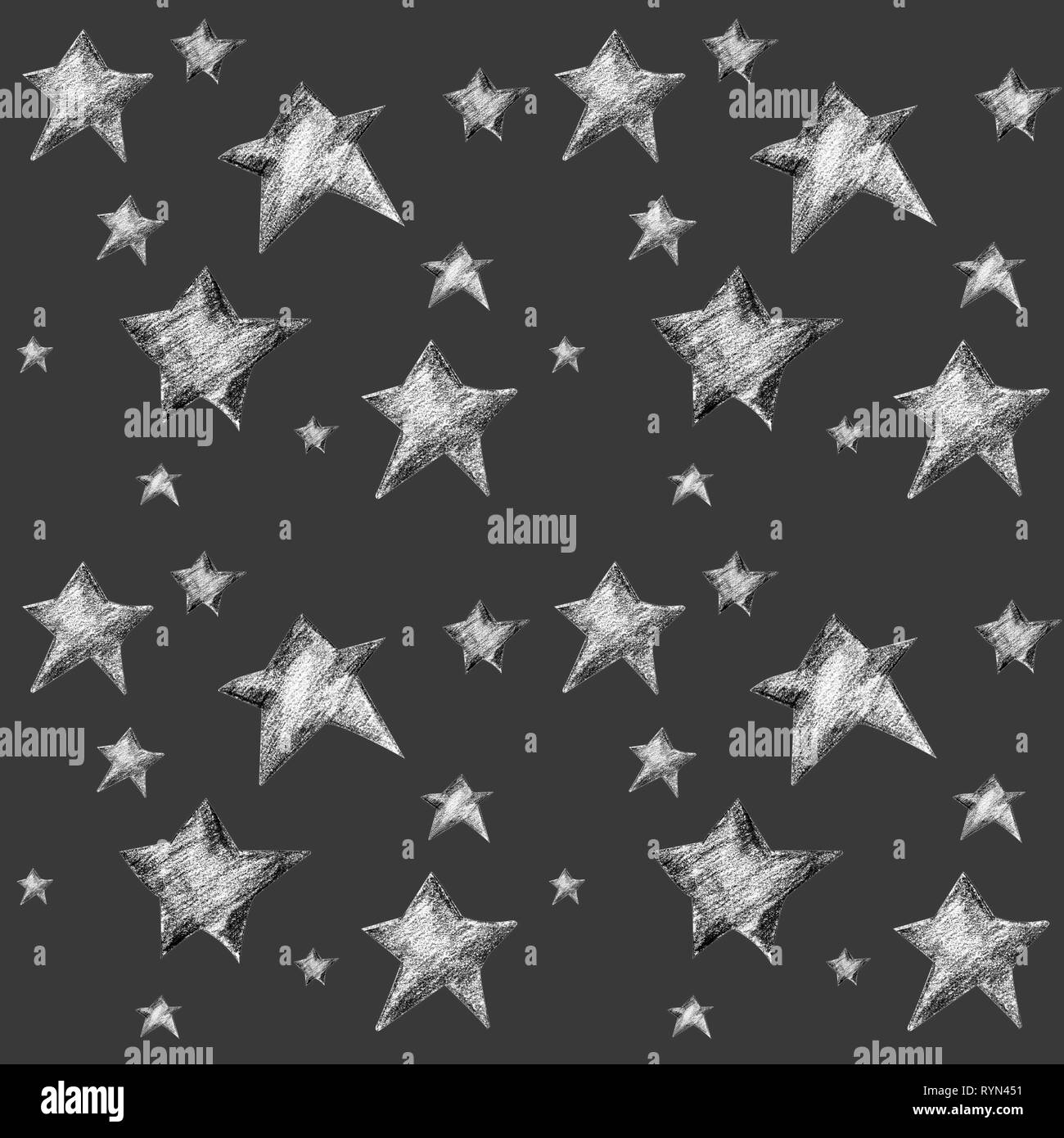 Nahtlose Muster mit Sternen. Kinder Märchen Muster mit gelben, orangen und roten Sternen. Hand - Trocken gezeichnet und Öl, Pastell. Stockfoto