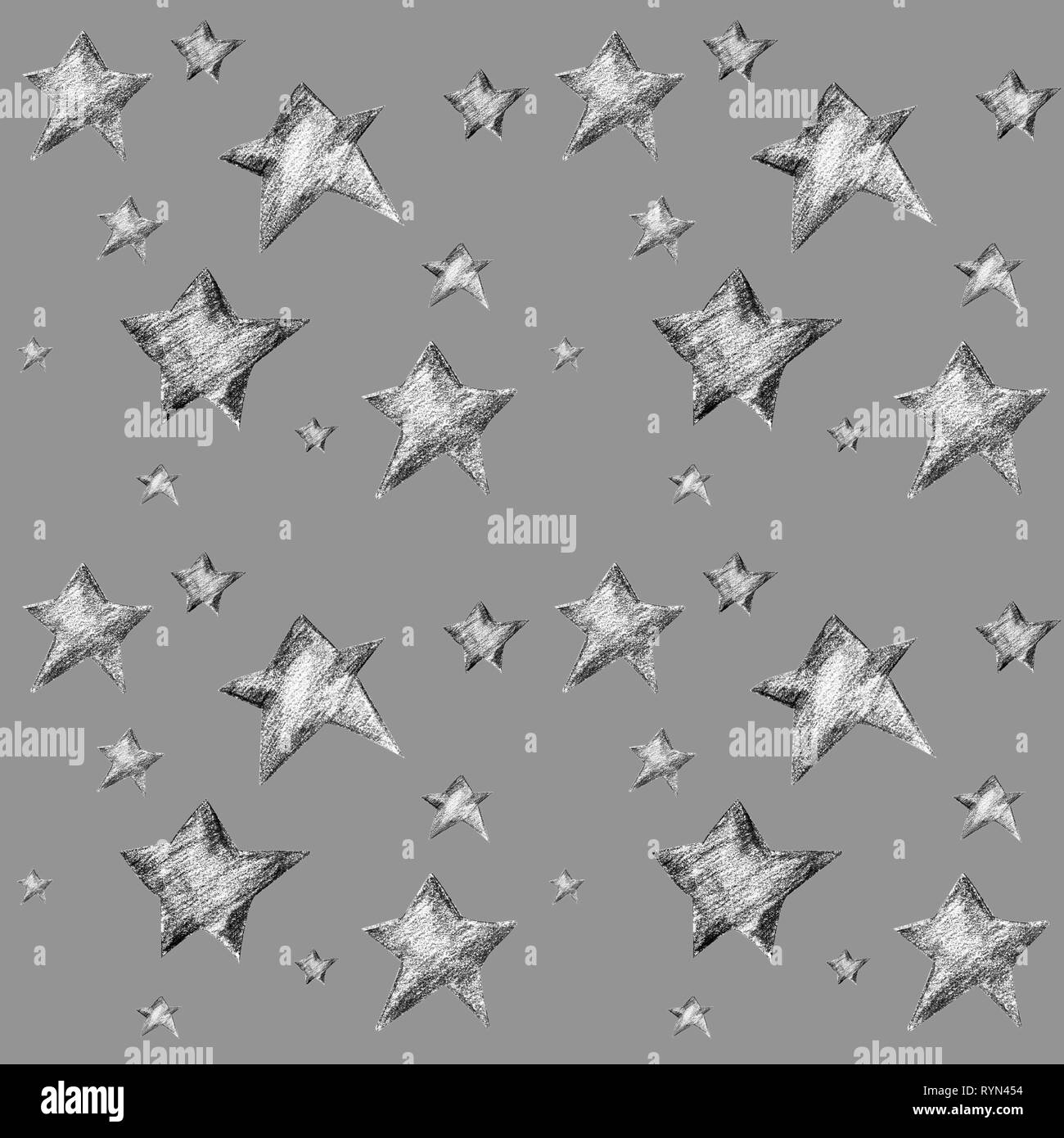 Nahtlose Muster mit Sternen. Kinder Märchen Muster mit gelben, orangen und roten Sternen. Hand - Trocken gezeichnet und Öl, Pastell. Stockfoto