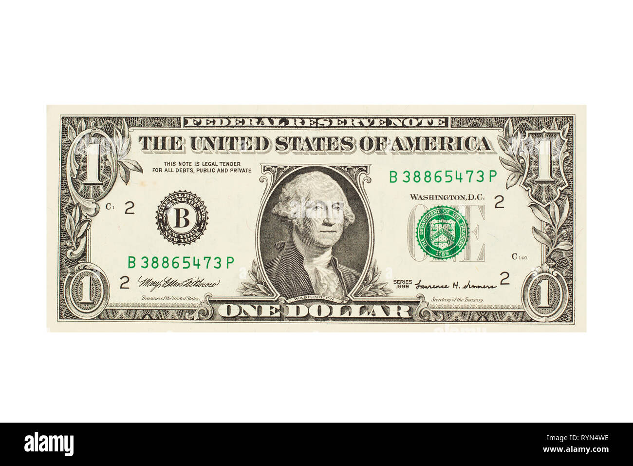Ein Dollar Bargeld auf weißem Hintergrund. 1 US-Dollar Banknote Stockfoto