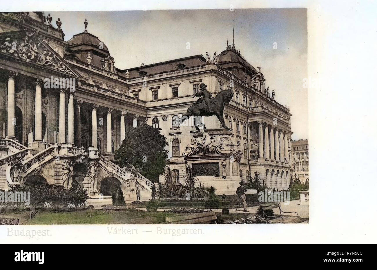 Historische Bilder der Budaer Burg, Prinz Eugen Denkmal, Budapest, 1904, Burggarten, Ungarn Stockfoto