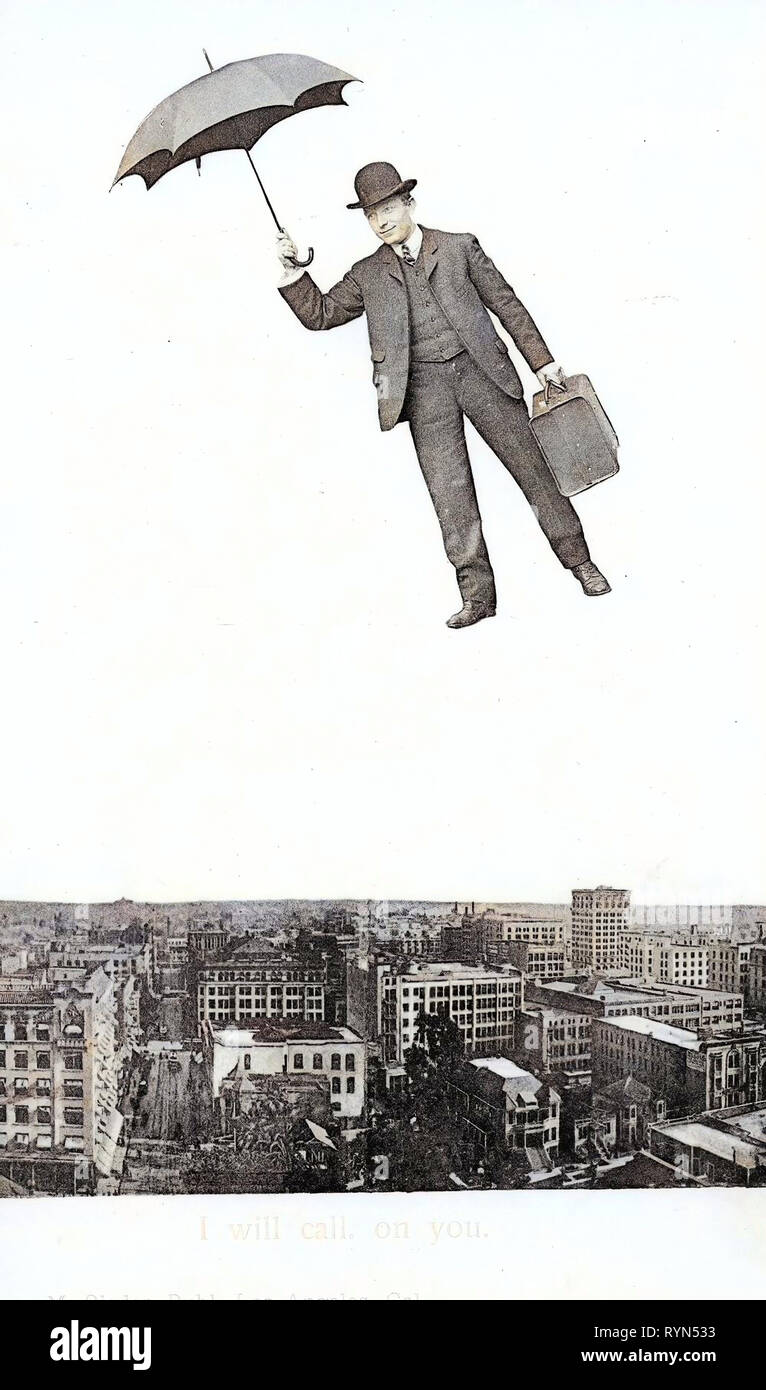 Fliegende Männer in der Kunst, in der Gebäude in Los Angeles, 1904, Kalifornien, Los Angeles, ich werde sie anrufen, Stadt mit fliegendem Mann, Vereinigte Staaten von Amerika Stockfoto