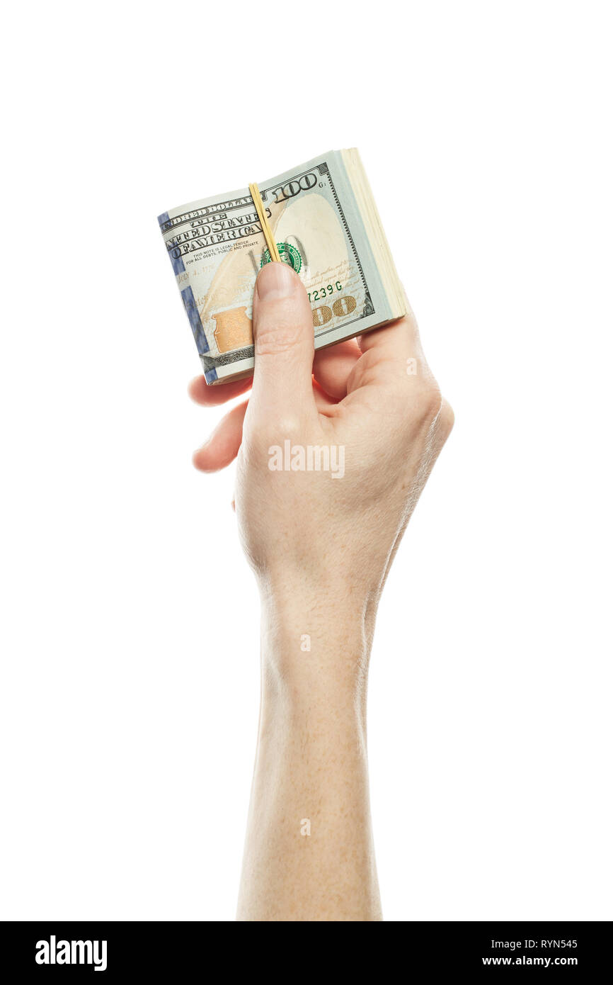 Amerikanische Dollar Bargeld in männlicher Hand auf weißem Hintergrund. Viele US-Dollar 100 Banknoten Stockfoto