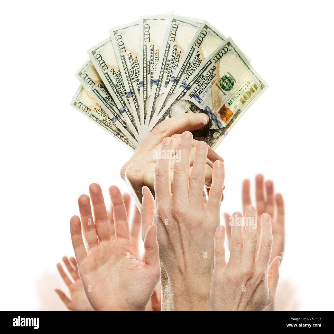 US-Dollar Bargeld und viele Menschen die Hände. Kommerzielle Geldanlage Gewinn und Business Wettbewerb Konzept Stockfoto