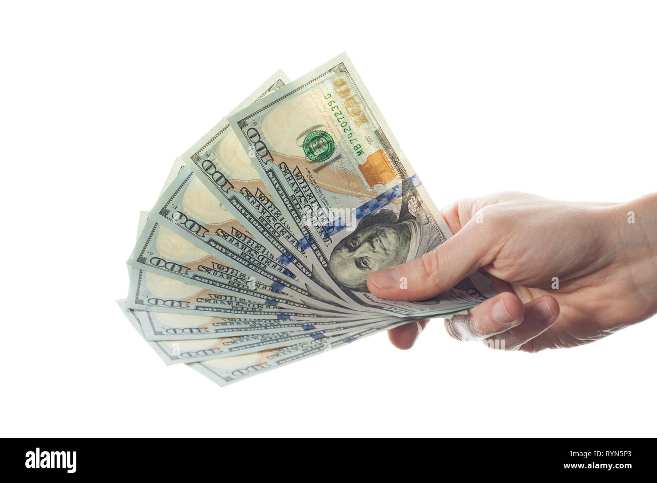 Dollar in der Hand des Unternehmers isoliert auf weißem Hintergrund Stockfoto