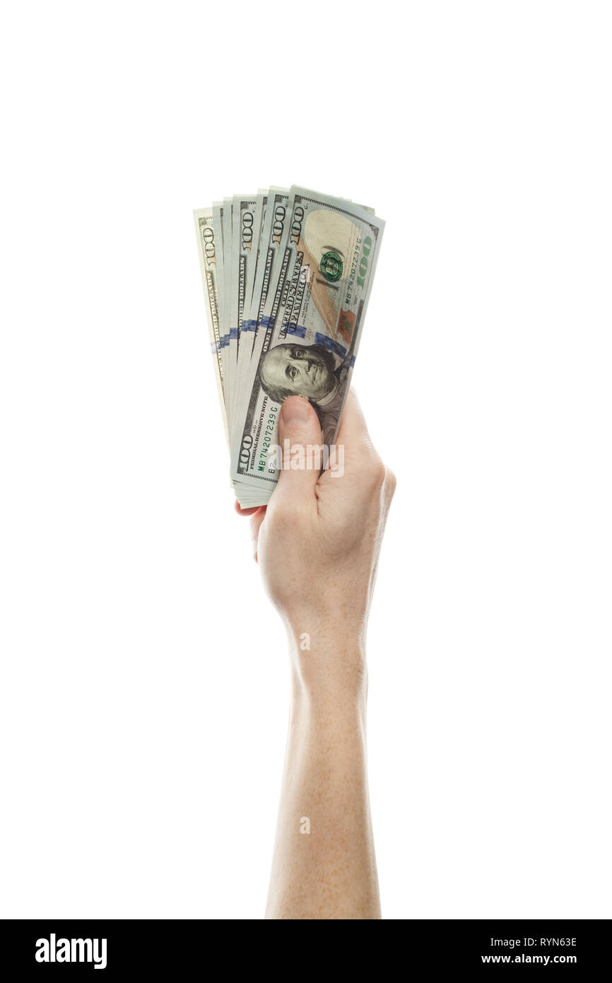 US-Dollar Bargeld und männliche Hand auf weißem Hintergrund. Moderne amerikanische Dollar 100 Banknoten in die Hand nach oben Stockfoto