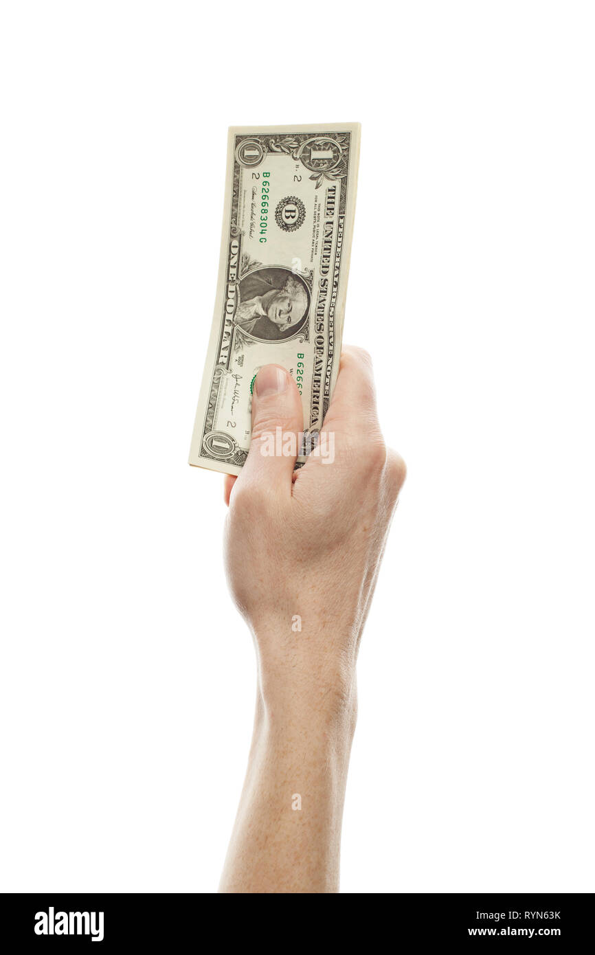 Ein US-Dollar recht männlichen Hand auf weißem Hintergrund Stockfoto