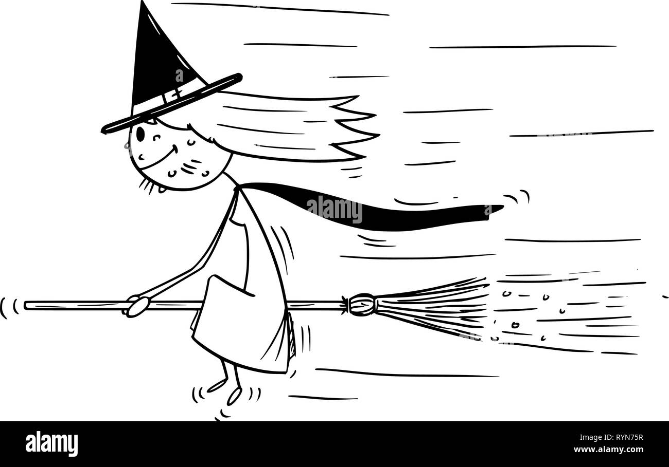 Cartoon von mit fliegenden Sitzen auf Besen Stock Vektor