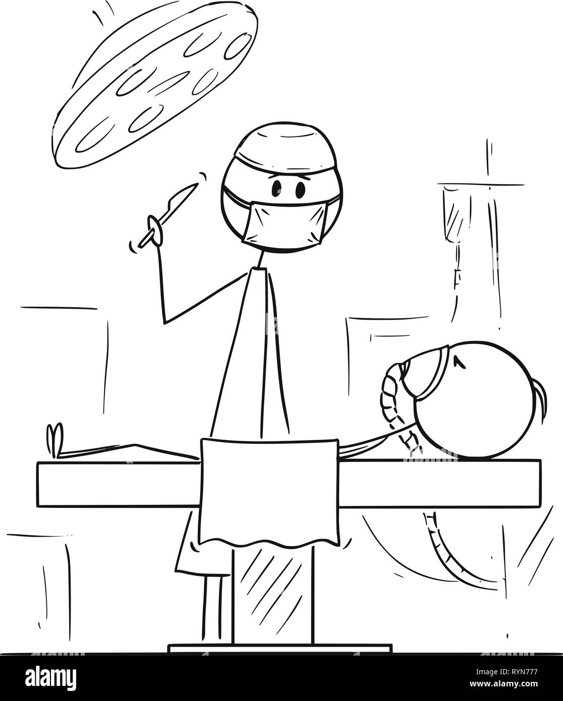 Cartoon des Chirurgen im Operationssaal Bereit zum Betreiben eines Patienten Stock Vektor