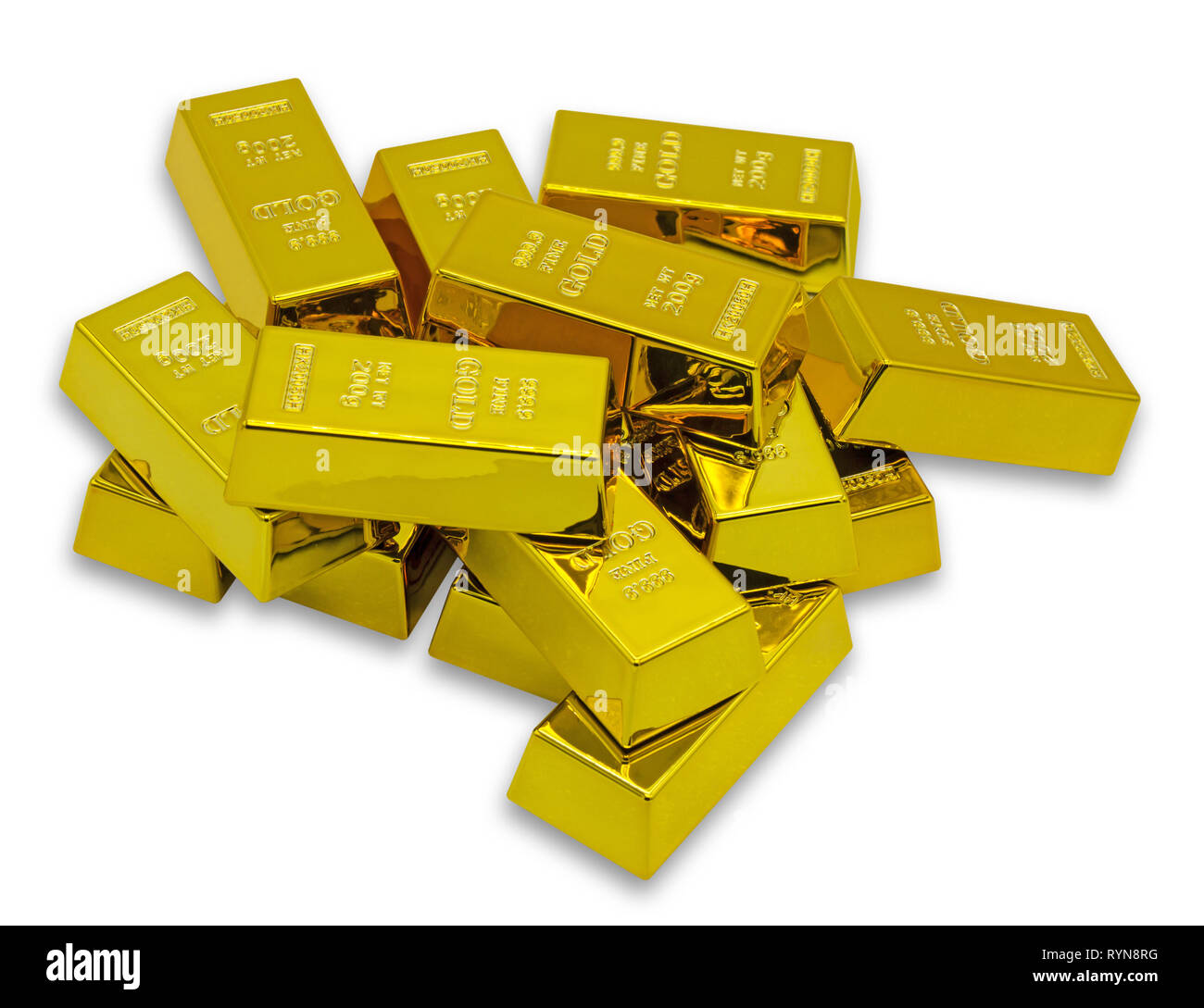 Bündel von golden Bars als finanziellen Konzepten auf weißem Hintergrund Stockfoto