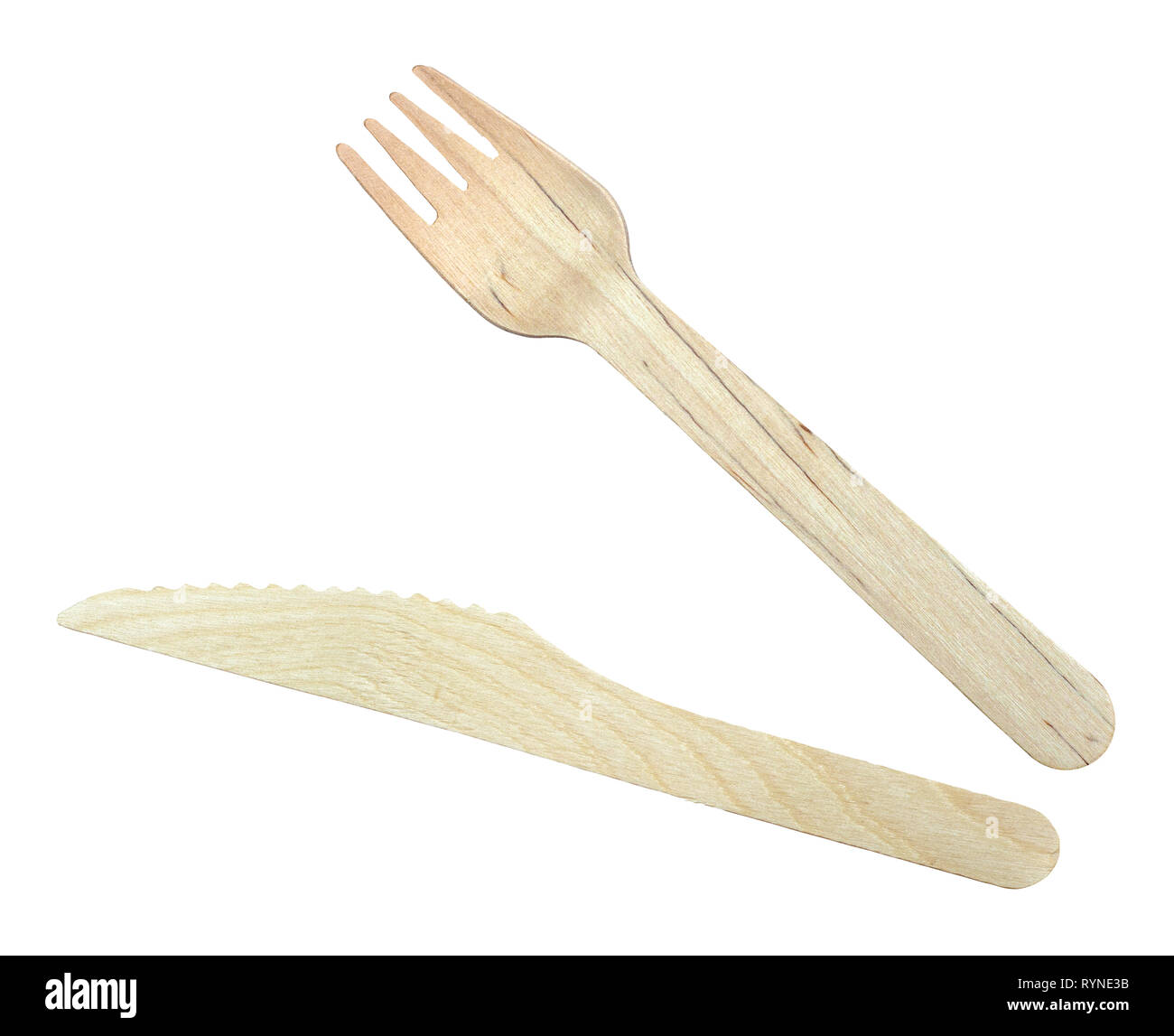 Isolierte Holz- Messer und Gabel für Take-out Essen auf weißem Hintergrund Stockfoto