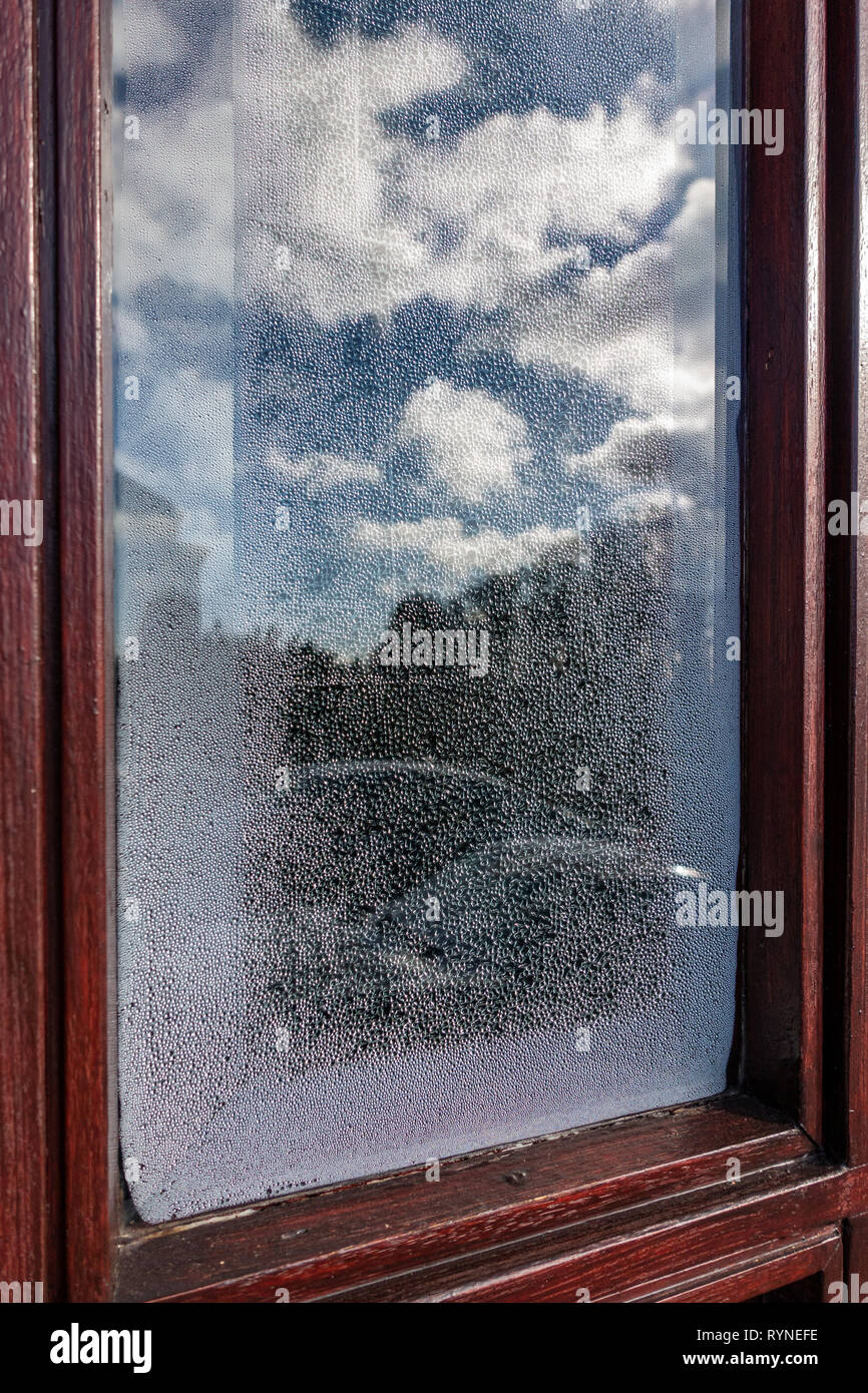 Single verglaste Tür fenster mit Kondenswasserbildung auf der Innenseite der Tür aus Glas mit Cloud Reflexionen in der frostigen Glas Stockfoto