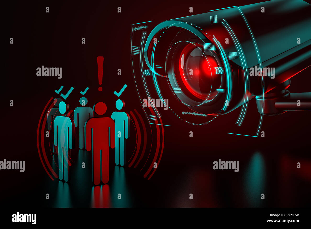 Riesige kamera Kontrollkästchen Gruppe von Menschen als Metapher der KI (künstliche Intelligenz) Überwachungssystem, die Kontrolle über die Welt, die wir anhand von quantitativen Simulatio wissen Stockfoto