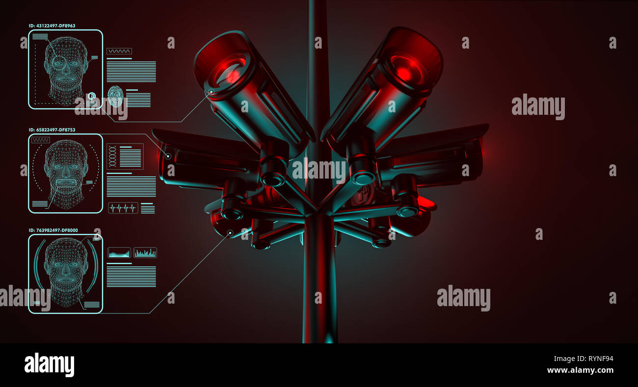 Cctv Prüfen von Informationen über Bürger in Überwachung Sicherheit System. Big Brother ist watching you Konzept. 3D-Rendering Stockfoto
