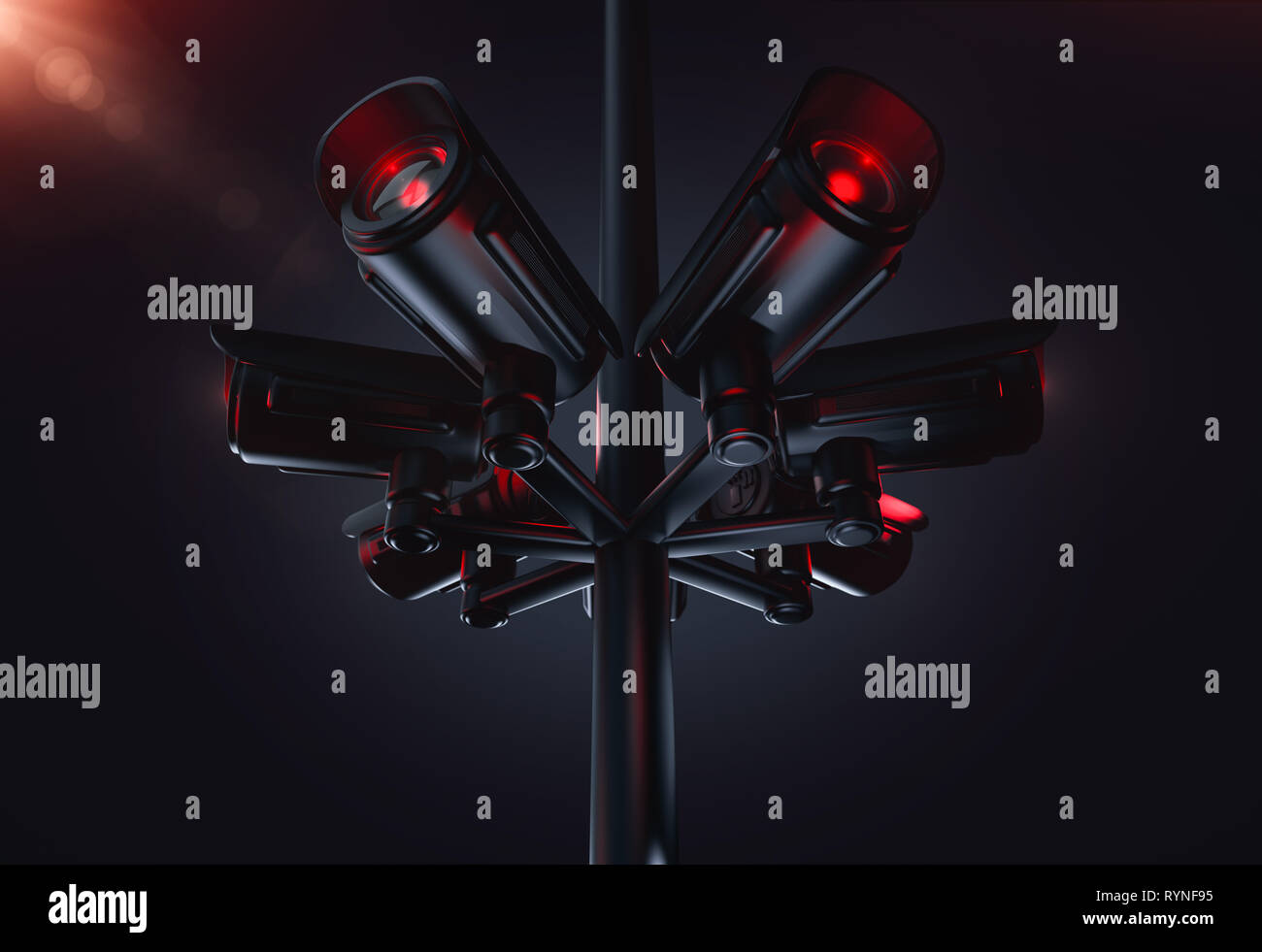 Pylon mit mehreren CCTV-Kameras. Leben in Zukunft mit Social Credit System Konzept. 3D-Rendering Stockfoto