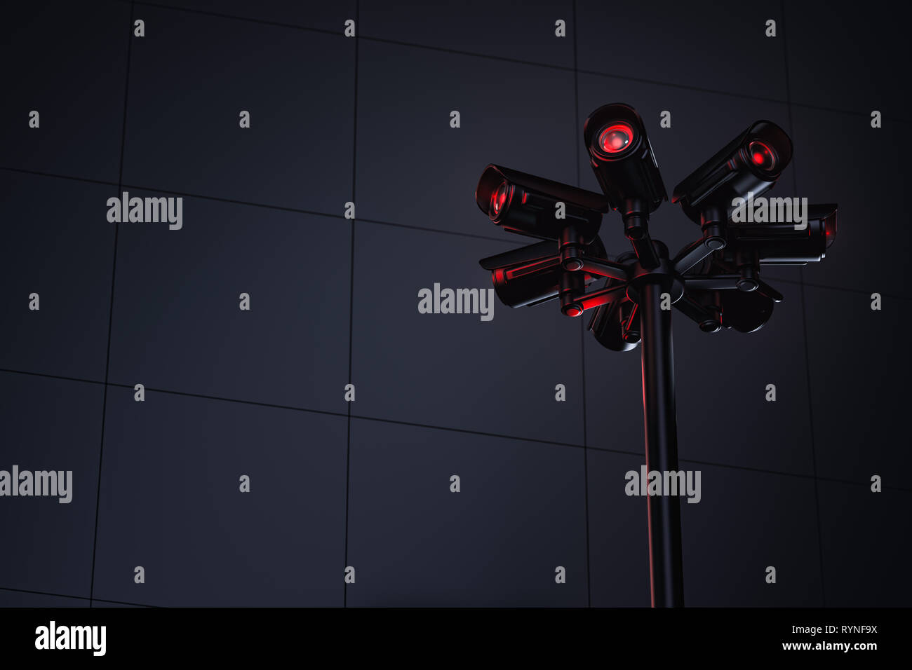 Pylon mit mehreren CCTV-Kameras und Platz kopieren auf der linken Seite für Text. Zukunft mit ständiger Überwachung und Social Credit System Konzept. 3D-rende Stockfoto