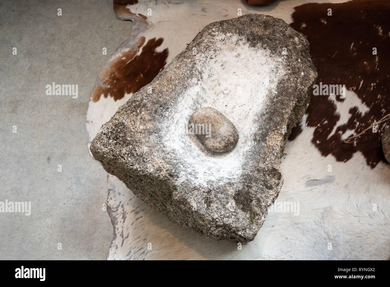Jungsteinzeit hand Mühle aus Granit Stein Stockfoto