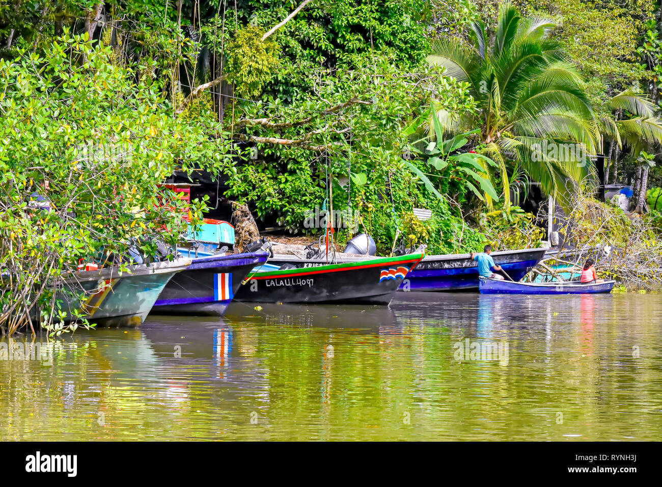 Tortuguero Canal Tour Boote gebunden in der Nähe des Canal Bank in der Nähe von Limon Costa Rica Stockfoto