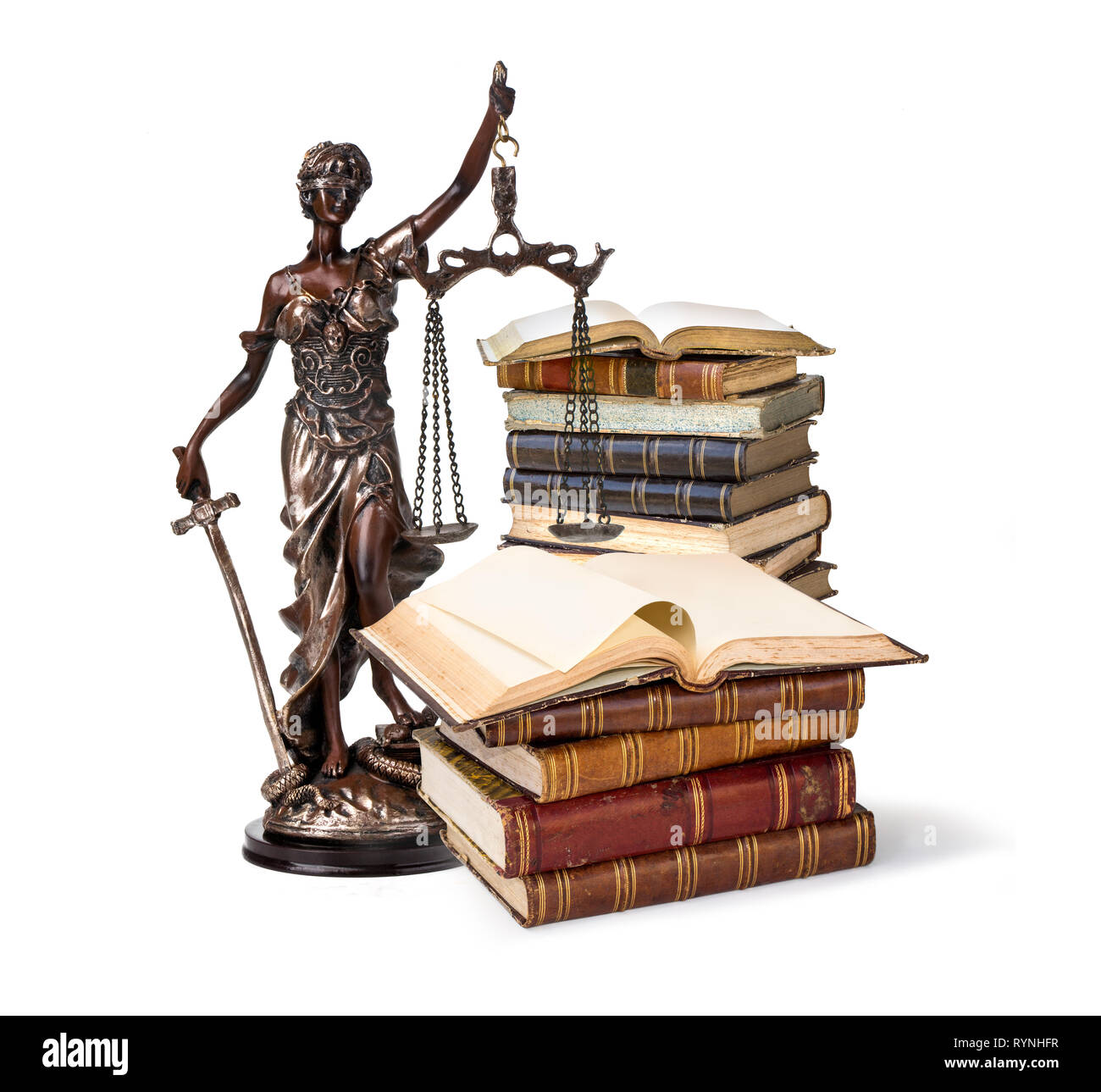 Ein Bild von einem Themis statue stehend an Bücher auf weißem Hintergrund Stockfoto