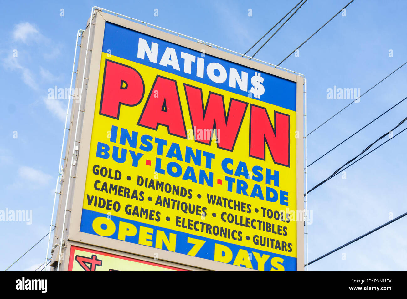 Florida Boynton Beach, Schild, Pfandgeschäft, Instant Cash, 7 Tage geöffnet, Wirtschaft, Finanzen, Währung, Geld, Darlehen, Zinsen, FL090219002 Stockfoto