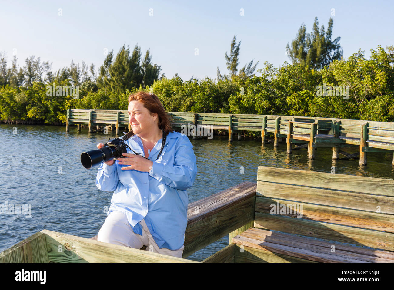 Florida Saint St. Lucie County, Fort Ft. Pierce, A1A, North Hutchinson Barrier Island, Flussufer Round Island Park, Indian River Water Lagoon, Holz Stockfoto