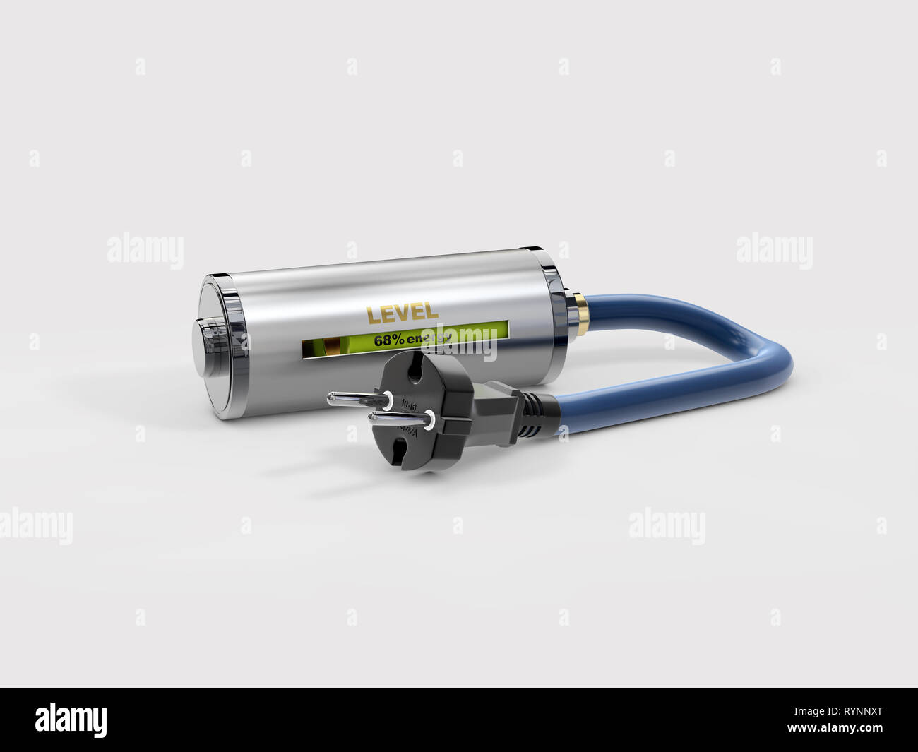 3d-Abbildung der Batterie aufladen mit Netzstecker auf grauem Hintergrund. Stockfoto