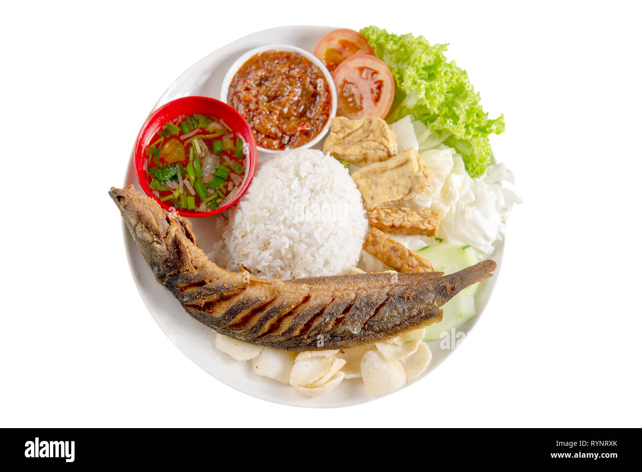 Gebratener Wels Reis mit Sambal, beliebte traditionelle malaysische und indonesische Gerichte. Auf weissem Hintergrund. Flach nach oben Ansicht von oben. Stockfoto