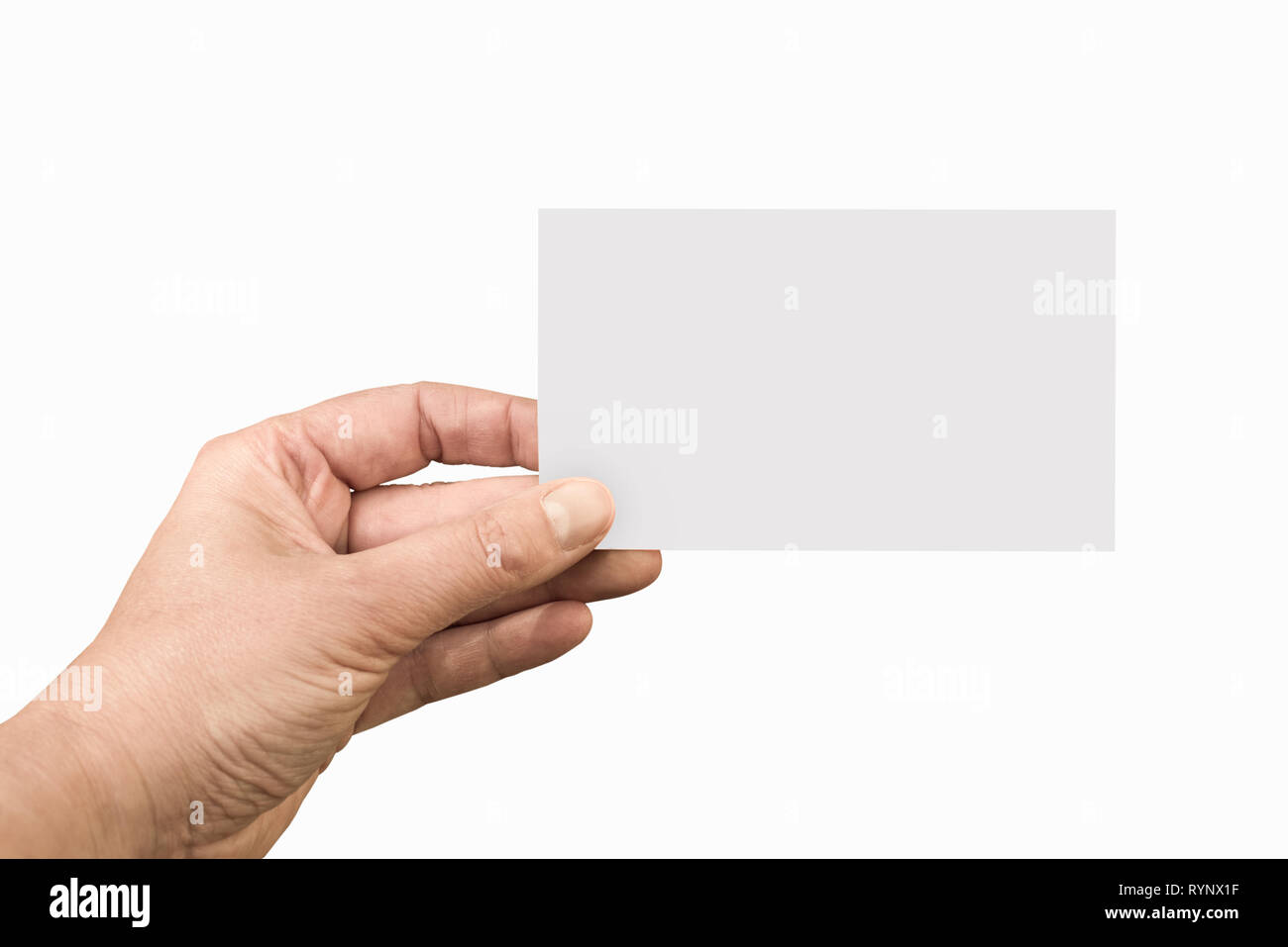 Hand eine leere Notiz oder Visitenkarte auf weißem Hintergrund Stockfoto