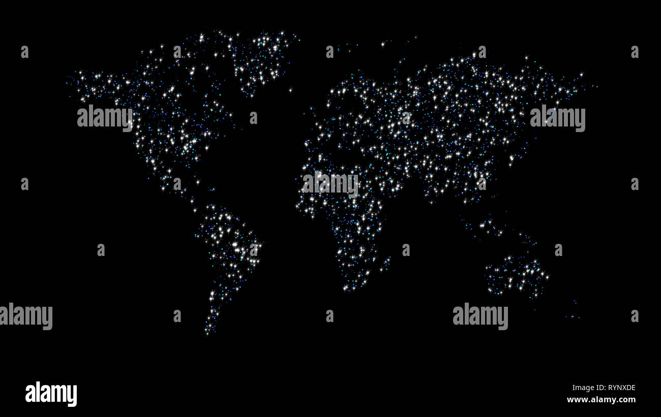 Weltkarte mit farbigen Glitzerleuchten. Stockfoto