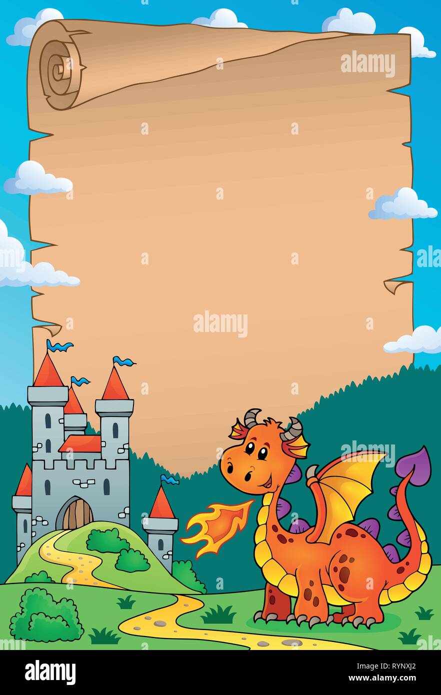 Drache und schloss Thema Pergament 3-eps 10 Vector Illustration. Stock Vektor