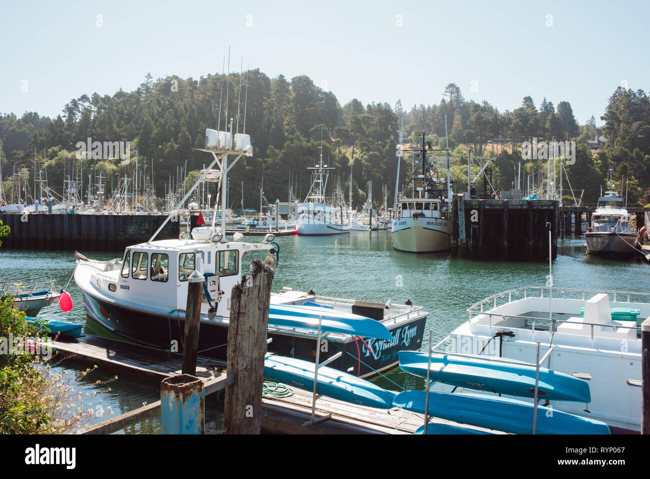 Boote und Angeln liefert in den Hafen von Ft. Bragg, Kalifornien. Stockfoto