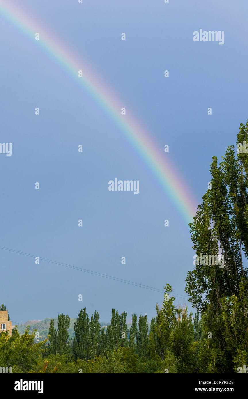 Natürliche doppelten Regenbogen über grüne Bäume, Sommer Stadt Landschaft Stockfoto