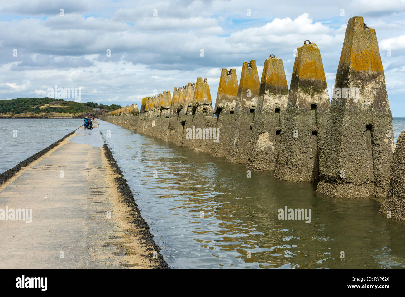 Eingehende Flut auf dem Damm, mit dem Zweiten Weltkrieg anti-boot Pylone, die zu Cramond Insel, Cramond, Edinburgh, Schottland, Großbritannien Stockfoto