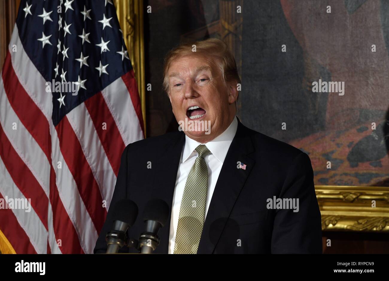 Washington, DC, USA. 14 Mär, 2019. Präsidenten der Vereinigten Staaten Donald J. Trumpf spricht während die Freunde von Irland Mittagessen mit Leo Varadkar, der irische Premierminister im US-Kapitol in Washington, DC, USA, am Donnerstag, dem 14. März 2019. Credit: Olivier Douliery/Pool über CNP | Verwendung der weltweiten Kredit: dpa/Alamy leben Nachrichten Stockfoto