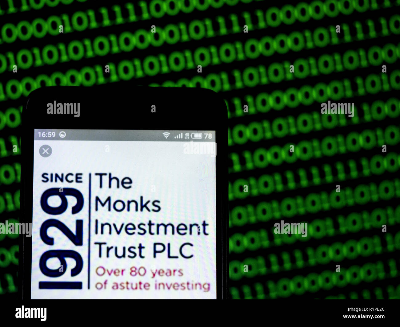 In der Ukraine. 14 Mär, 2019. Mönche Investment Trust Logo gesehen auf einem Smartphone angezeigt. Quelle: Igor Golovniov/SOPA Images/ZUMA Draht/Alamy leben Nachrichten Stockfoto