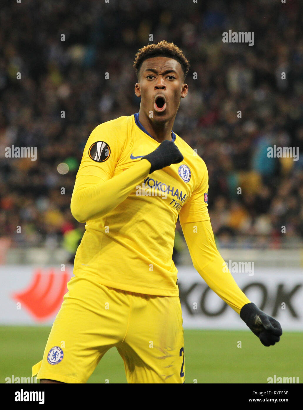 Kiew, Ukraine. 14 Mär, 2019. CALLUM HUDSON - ODOI des FC Chelsea reagiert nach dem Scoring Ziel während der UEFA Europa League, zweite Bein Fußball Match zwischen dem FC Chelsea und Dynamo Kiew, an der Olimpiyskiy Stadion in Kiew, Ukraine, am 14. März 2019. Credit: Serg Glovny/ZUMA Draht/Alamy leben Nachrichten Stockfoto