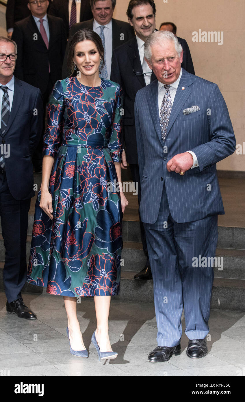 London, Großbritannien. 13. Mär 2019. Seine Königliche Hoheit der Prinz von Wales, mit Ihrer Majestät Königin Letizia von Spanien, nehmen an der Eröffnung der orolla: Spanischer Meister des Lichts" in der Nationalgalerie, Trafalgar Square, London, Vereinigtes Königreich Quelle: Jeff Gilbert/Alamy leben Nachrichten Stockfoto