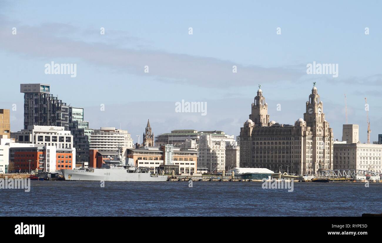 Liverpool, Großbritannien. 14 Mär, 2019. HMS Enterprise, das zehnte Schiff, diesen Namen zu tragen, ist ein multi-rolle Umfrage Gefäß-hydrographischen Ozeanographische (SVHO) der Royal Navy. Sie hat ein Schwesterschiff HMS Echo, und zusammen bilden sie das Echo Klasse der Umfrage Schiffe. Credit: IAN Fairbrother/Alamy leben Nachrichten Stockfoto