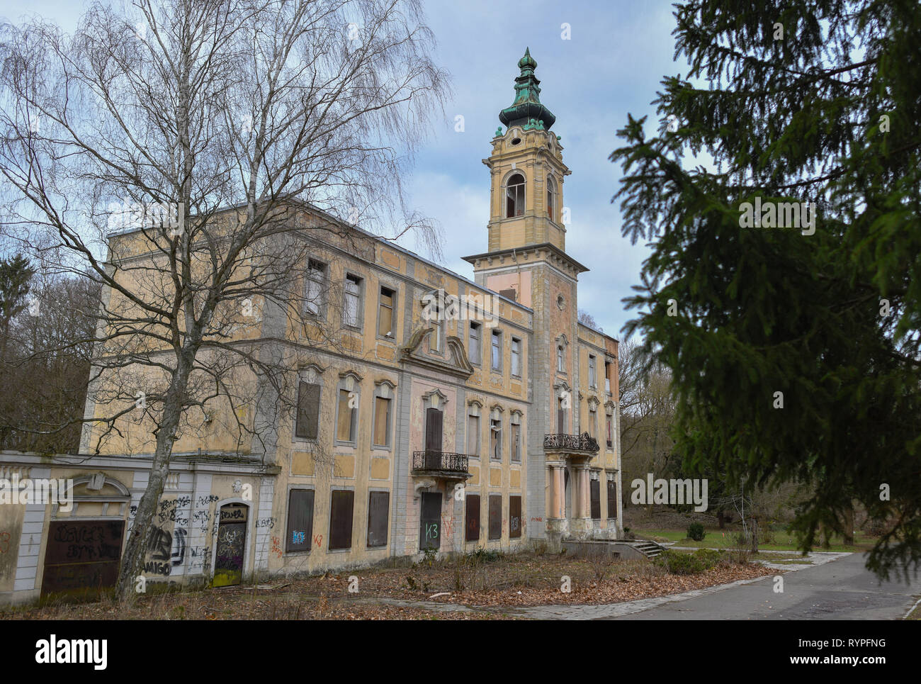 13. März 2019, Brandenburg, Schönwalde: Dammsmühle Schloss. Royal Visits, übermäßige Feiern, Film - die Dammsmühle Schloss (Barnim), im Jahre 1768 als ein zwei-stöckige Palast und später wieder aufgebaut, erfahrenen hat so viel gebaut. Das Anwesen besticht vor allem durch seine teilweise geheimnisvolle Geschichte. In der Zwischenzeit ist es eine Ruine und kann nur mit einer Menge Geld eingespart werden. Besitzer gewechselt, ohne dass etwas passiert auf dem Gelände. Jetzt sollte es einen neuen, vielversprechenden Anfang. Foto: Patrick Pleul/dpa-Zentralbild/ZB Stockfoto