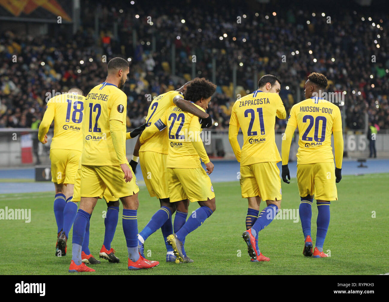 Chelseas Spieler gesehen feiern, nachdem er ein Ziel, während das zweite Bein der UEFA Europa League Umlauf von 16 Fußballspiel zwischen Chelsea und Dynamo Kiew Olimpiyskiy Stadion in Kiew, Ukraine. Stockfoto