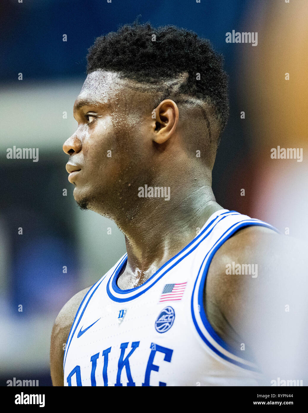 Duke Blue Devils vorwärts Zion Williamson (1) Während der ACC College Basketball Turnier Spiel zwischen den Syracuse Orange und die Duke Blue Devils im Spectrum Center am Donnerstag, den 14. März 2019 in Charlotte, NC. Jakob Kupferman/CSM Stockfoto