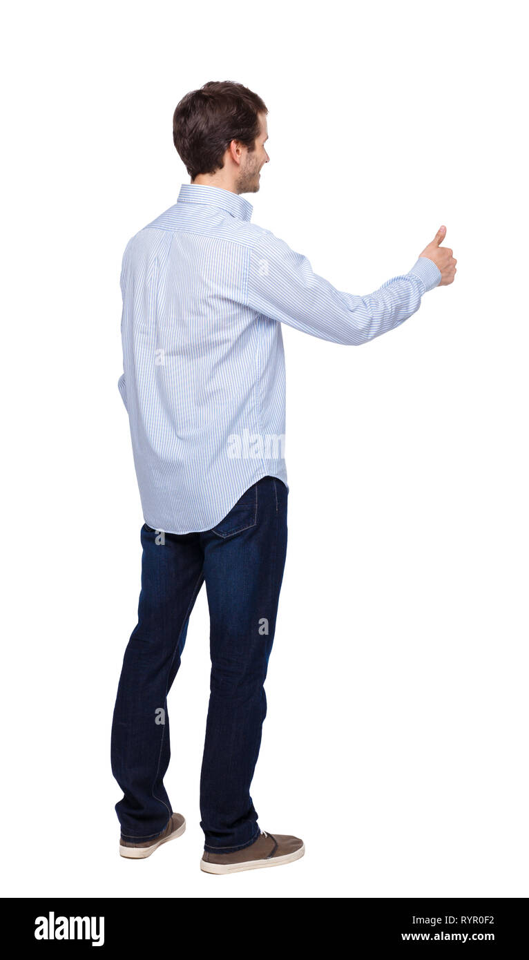 Ansicht Von Hinten Von Einem Mann Zeigen Daumen Hoch Ansicht Von Hinten Leute Sammlung Ruckseite Ansehen Der Person Auf Weissem Hintergrund Der Typ Im Weissen Shir Stockfotografie Alamy