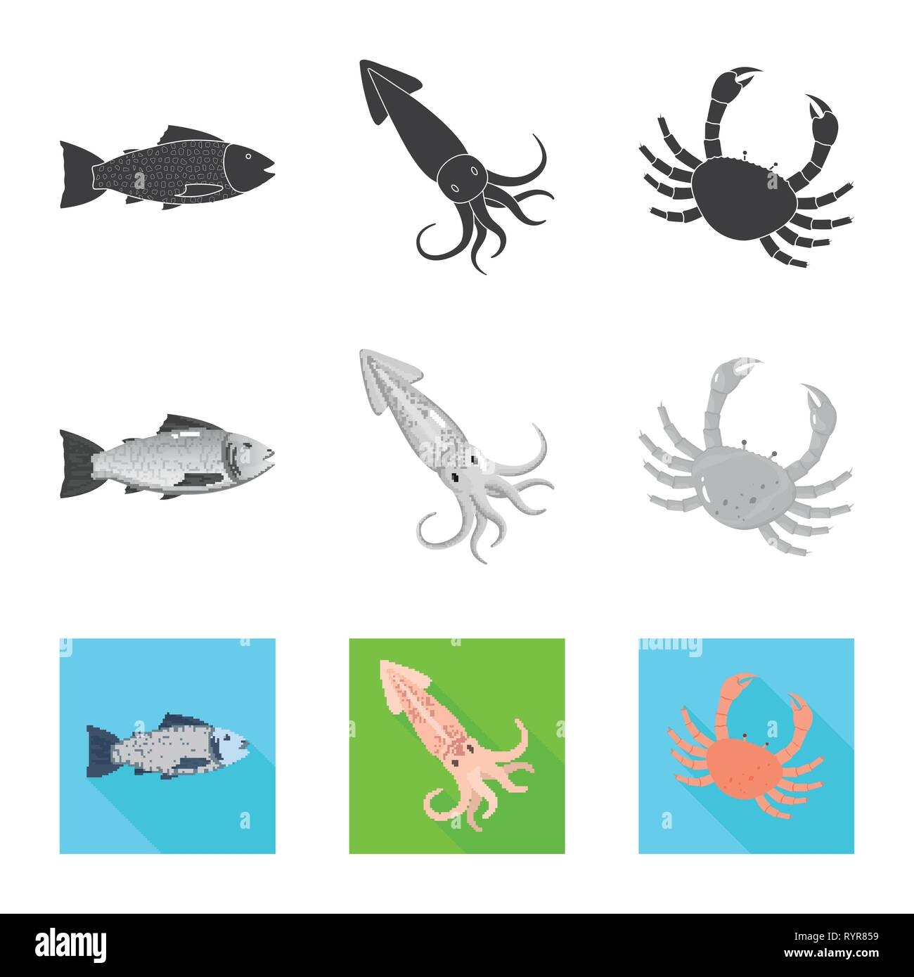 Lachs, Tintenfisch, Krabben, Fisch, Tintenfisch, Shell, Forelle, Tentakel, Tentakeln, Zartheit, Monster, Rot, Phosphor, Kreatur, Schalentiere, Küche, Riese, Strand, Fleisch, Kraken, Ätzen, Wasser, Langusten, frisch, Restaurant, Markt-, Marine-, Lebensmittel-, Meer, Fisch, gesund, Produkt, Ozean, Set, Vector, Icon, Illustration, isoliert, Sammlung, Design, Element, Grafik, Vektor, Vektoren, Stock Vektor