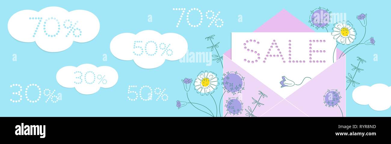 Verkauf floral Banner mit Blumen und Papier Wolken und Rabatt Zahlen auf blauem Hintergrund. Saisonale Gestaltung von Banner, Flyer, Plakat, Website Stock Vektor