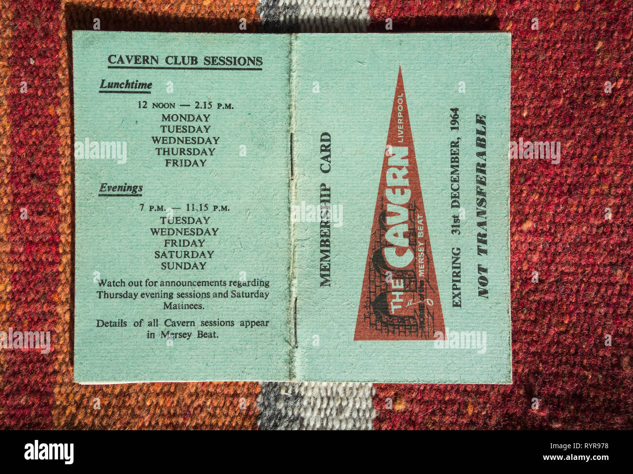 Den Cavern Club, Mitgliedskarte, 1963 in Liverpool, Großbritannien Stockfoto
