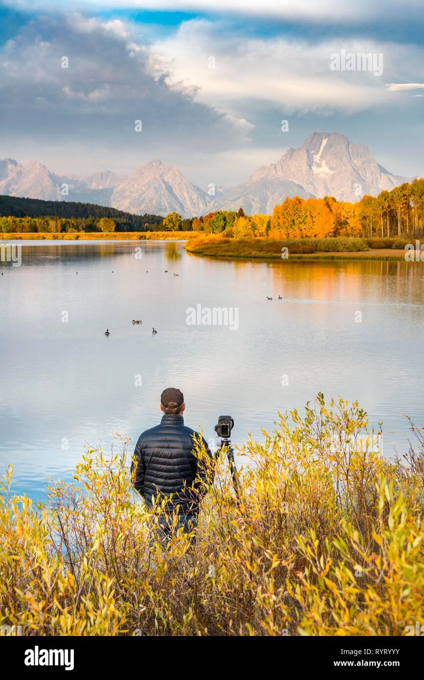 Fotograf stehend mit Stativ am Fluss, Snake River, Mount Moran auf der Rückseite, morgen stimmung bei Oxbow Bend, Bäume im Herbst Stockfoto