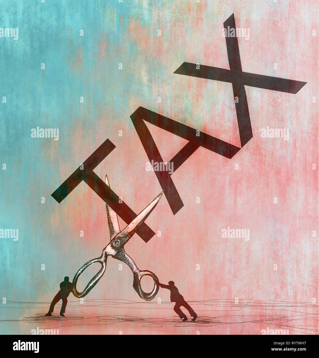 Konzept Bild von zwei kleine Männer mit einer großen Schere schneiden das Wort Steuer Darstellung Steuersenkungen Stockfoto