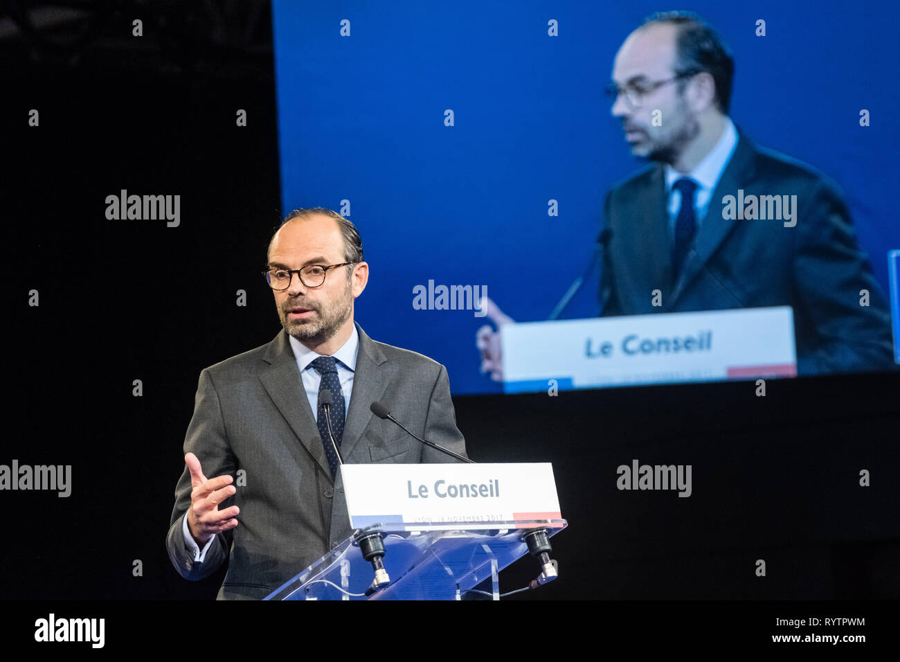Edouard Philippe französischer Premierminister, die an der Wahl des/der Delegierten der Partei La république En Marche: Christophe Castaner Stockfoto