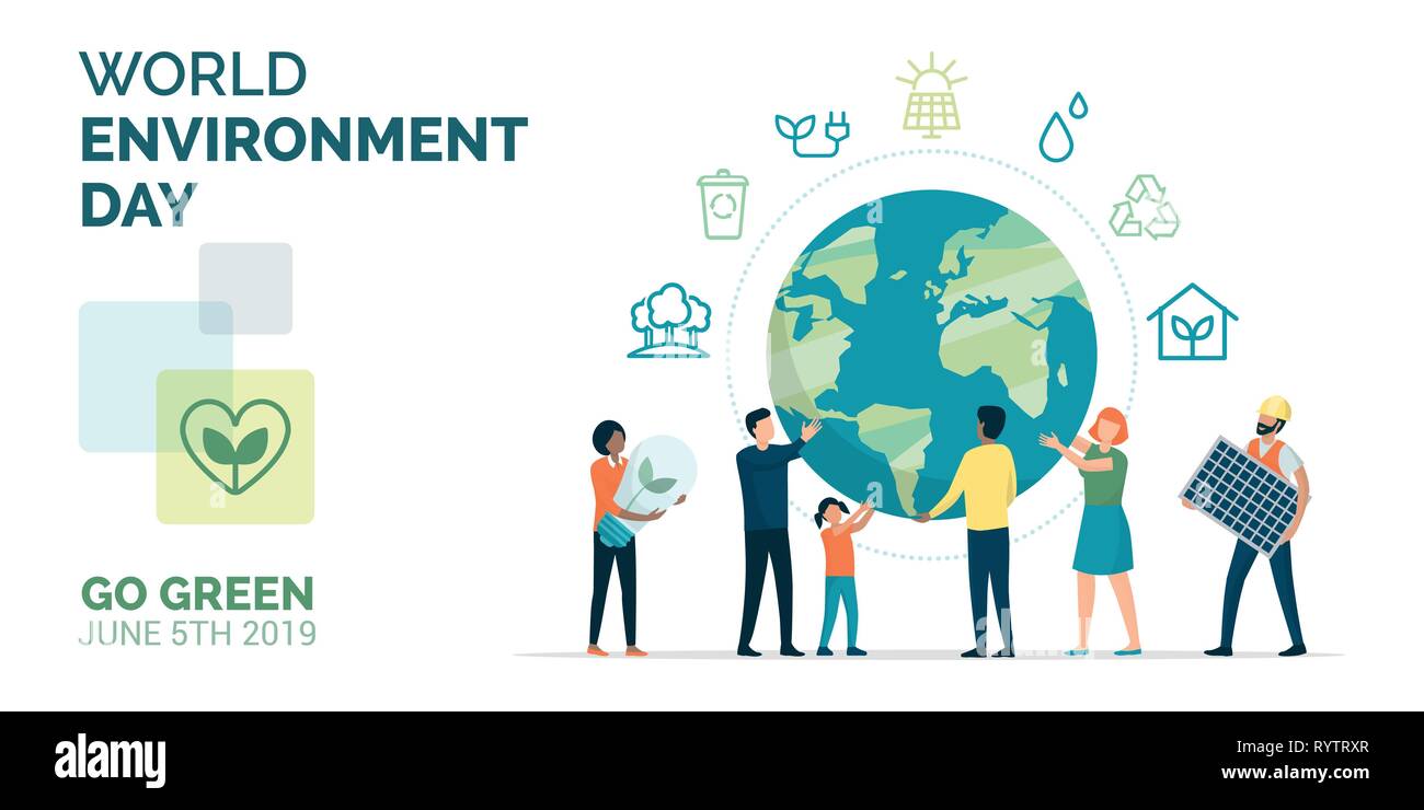 Multiethnische Gruppe von Menschen die Zusammenarbeit für eine nachhaltige umweltfreundliche Lebensweise auf internationaler Tag der Umwelt: Sie unterstützen den Planeten Erde, Recycling Stock Vektor