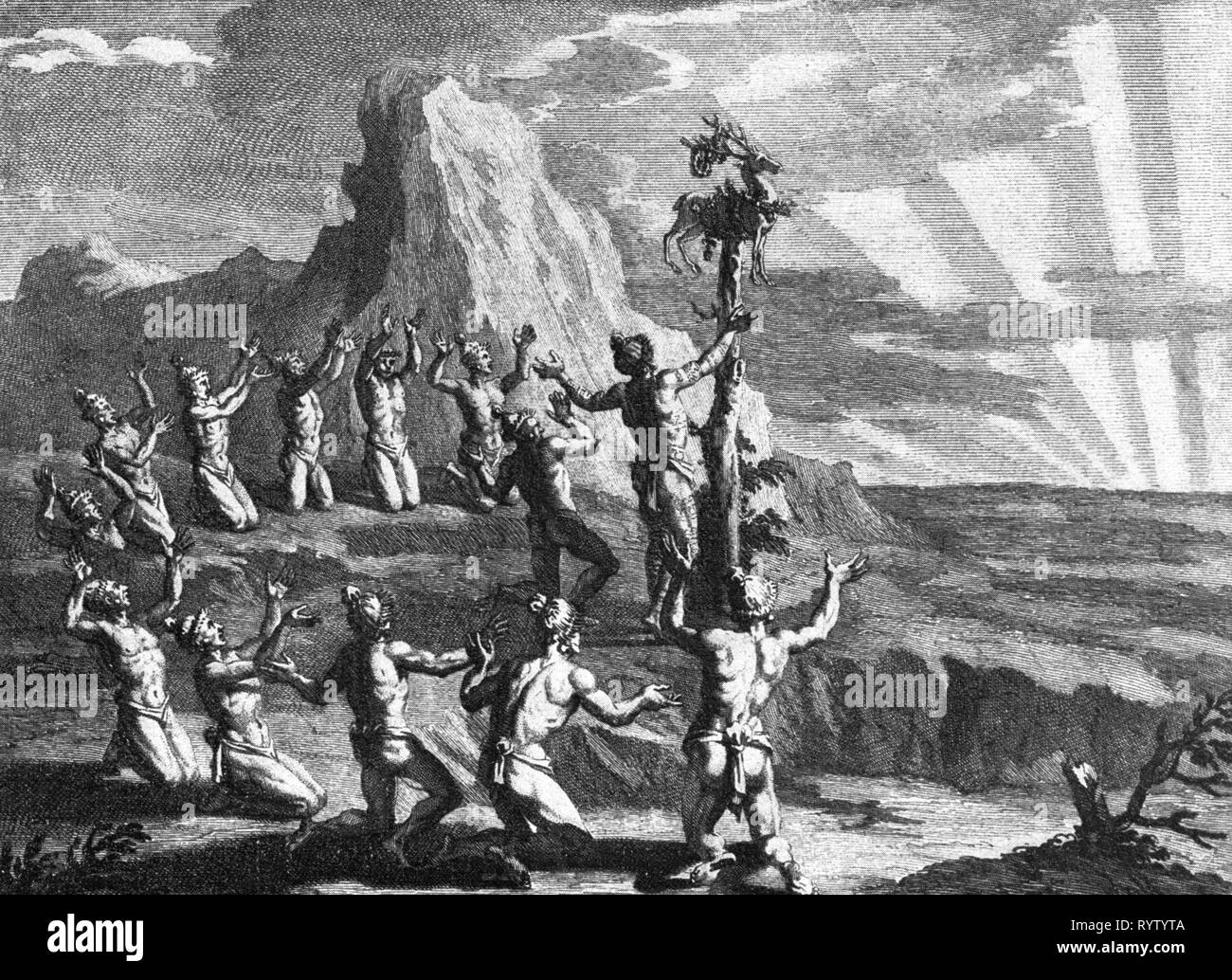 Religion, sun Anbetung, Verehrung der aufgehenden Sonne von den Eingeborenen von Amerika, nachdem Bernard Picart (1673-1733), Kupferstich, 1723, Artist's Urheberrecht nicht geklärt zu werden. Stockfoto