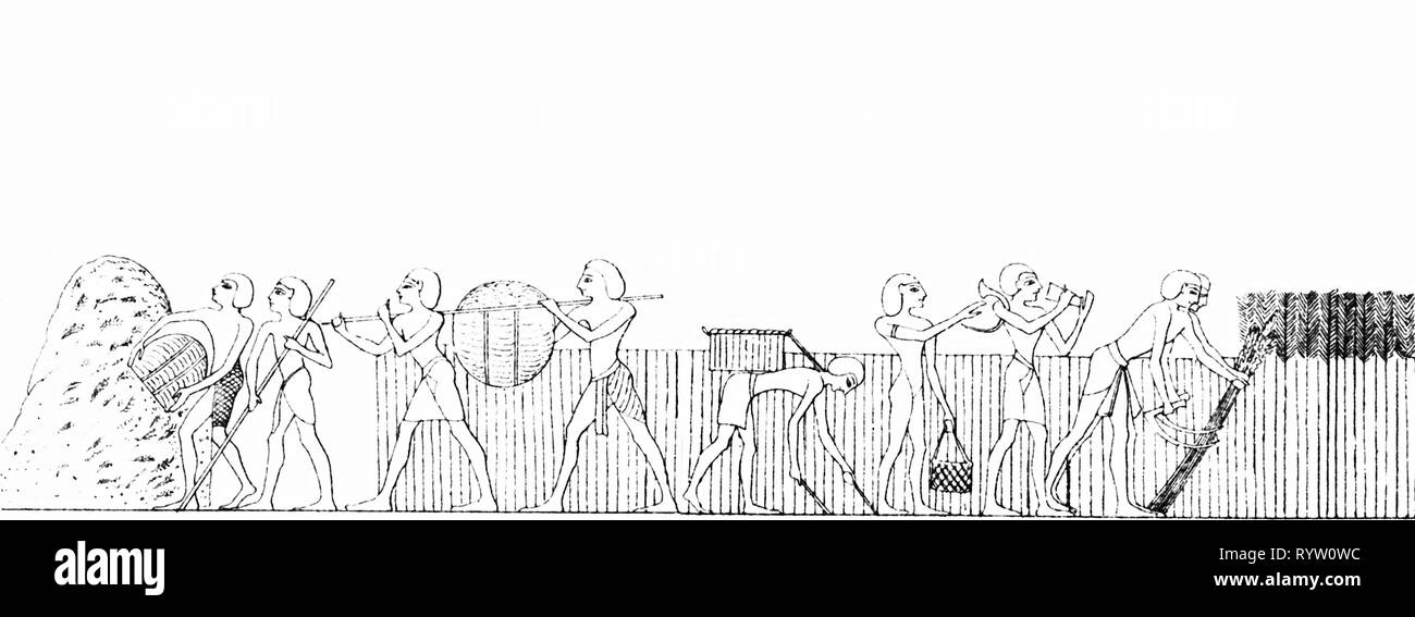 Landwirtschaft, Landwirtschaft, Ernte, Getreideernte im alten Ägypten, nach dem Lackieren von Theben, Zeichnung, 19. Jahrhundert, 19. Jahrhundert, Grafik, Grafiken, Antike, antike, ägyptischen, arbeiten, arbeiten, arbeiten, arbeiten, Feld, Felder, Getreide, Ernte, Korb, Körbe, tragen, tragen, Transport, Transport, Schneiden, Schnitt, Schnitte, Sichel, Haken, Sicheln, Haken, Landwirtschaft, Landwirtschaft, Landwirtschaft, Bauernhof, Landwirtschaft, Ernte, Ernte, historisch, historische, Personen, Additional-Rights - Clearance-Info - Not-Available Stockfoto